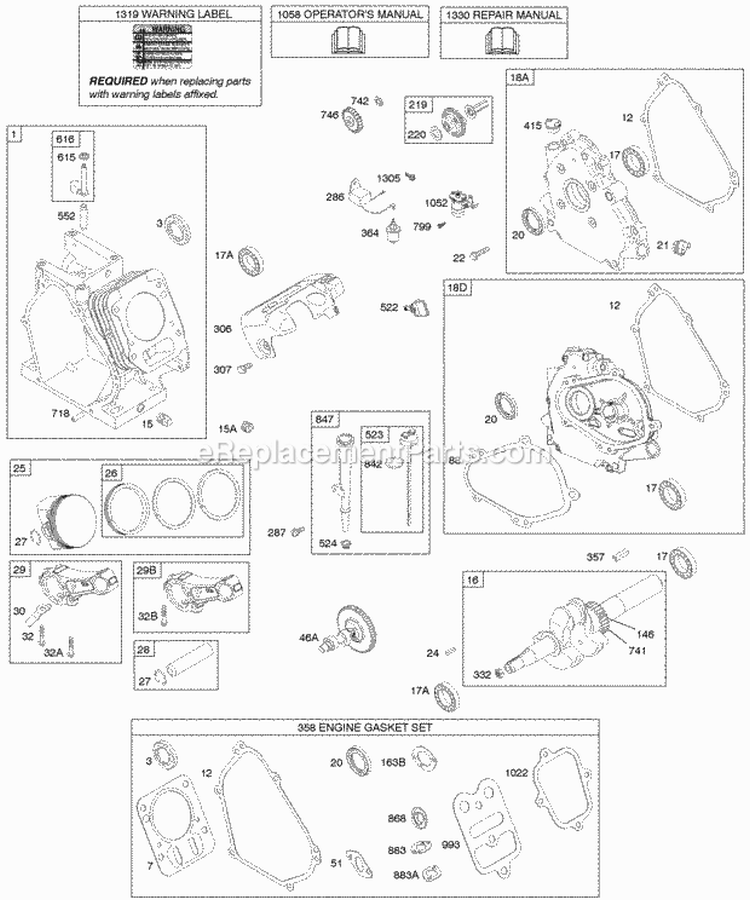 Camshaft Crankcase Cover Crankshaft Cylinder Lubrication Piston Group Diagram and Parts List for 122232-0152-E8  Briggs and Stratton Engine